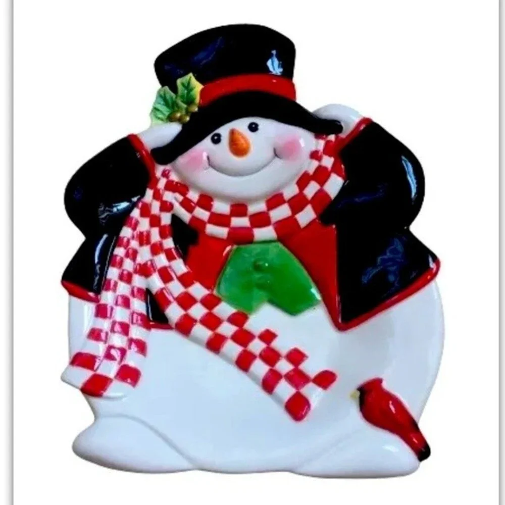FF FITZ & FLOYD ESSENTIALS HOLLY JOLLY SNOWMAN CHRISTMAS COOKIE PLATE CA…